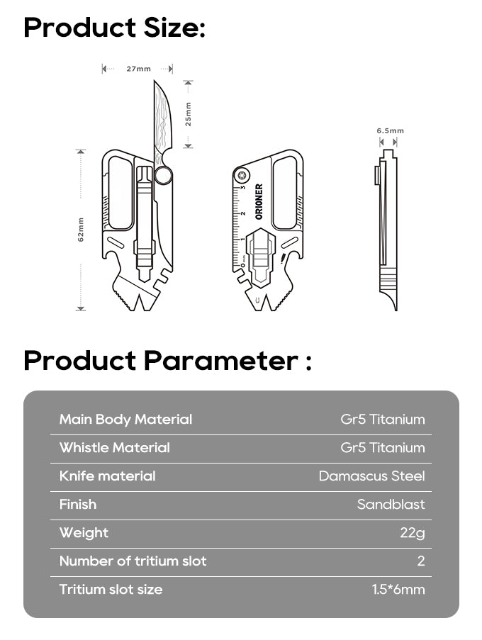 Gr5 Titanium EDC 9-IN-1 Multi-Tool Keychain with Damascus Blade