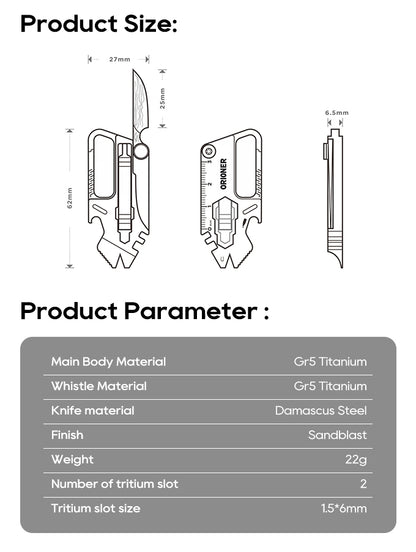 Gr5 Titanium EDC 9-IN-1 Multi-Tool Keychain with Damascus Blade
