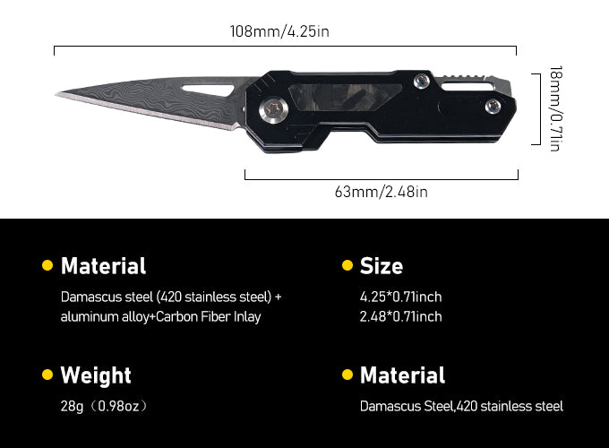 Damascus/Steel Keychain Knife with Pry Bar
