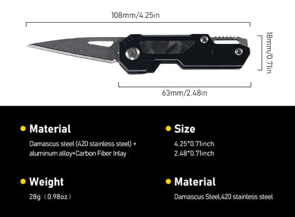 Damascus/Steel Keychain Knife with Pry Bar