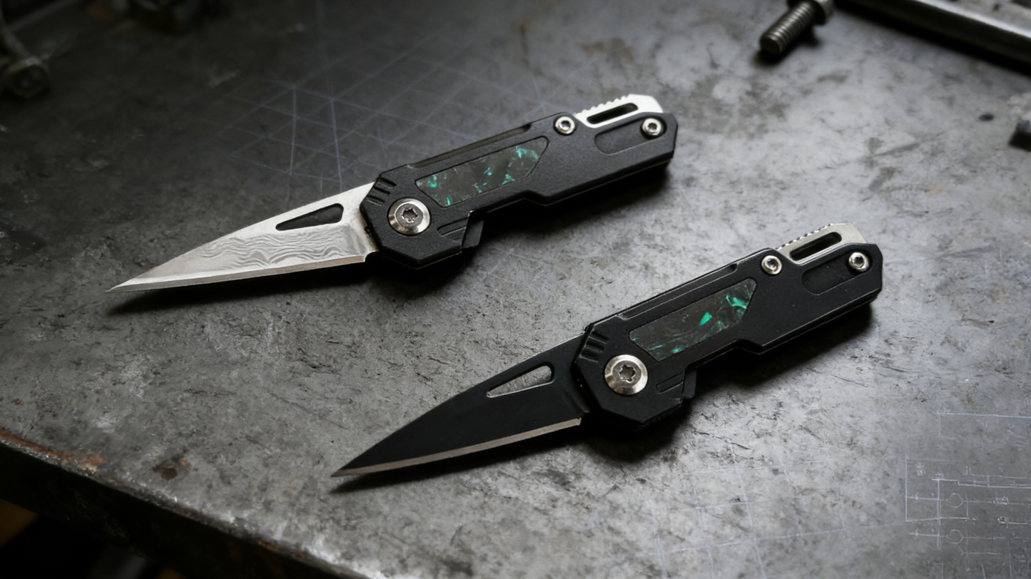 Damascus/Steel Keychain Knife with Pry Bar