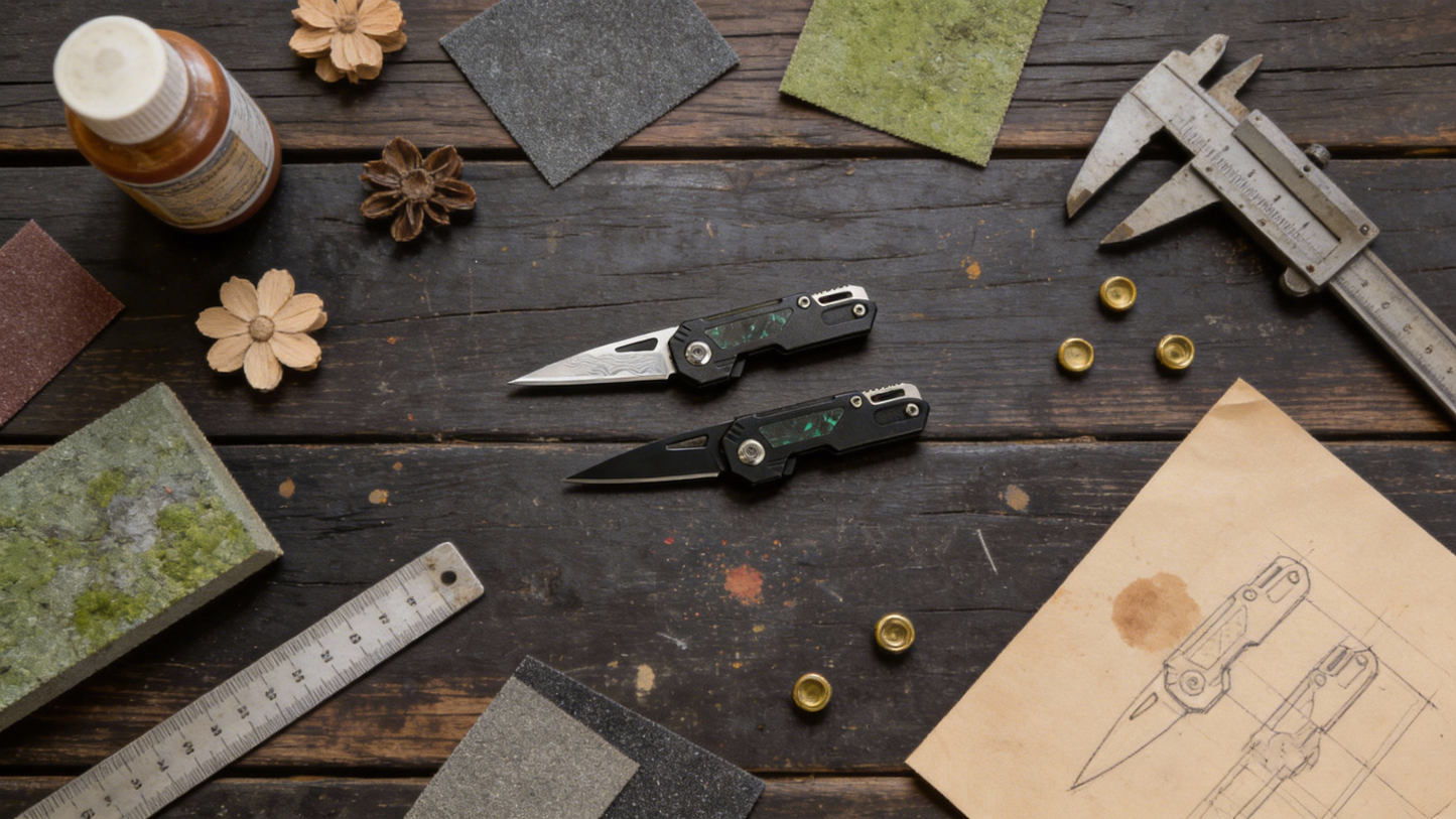 Damascus/Steel Keychain Knife with Pry Bar