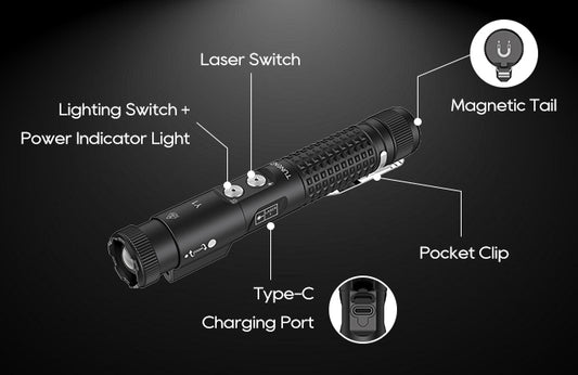 Zoomable Magnetic EDC Flashlight with Laser Pointer & 7 Modes